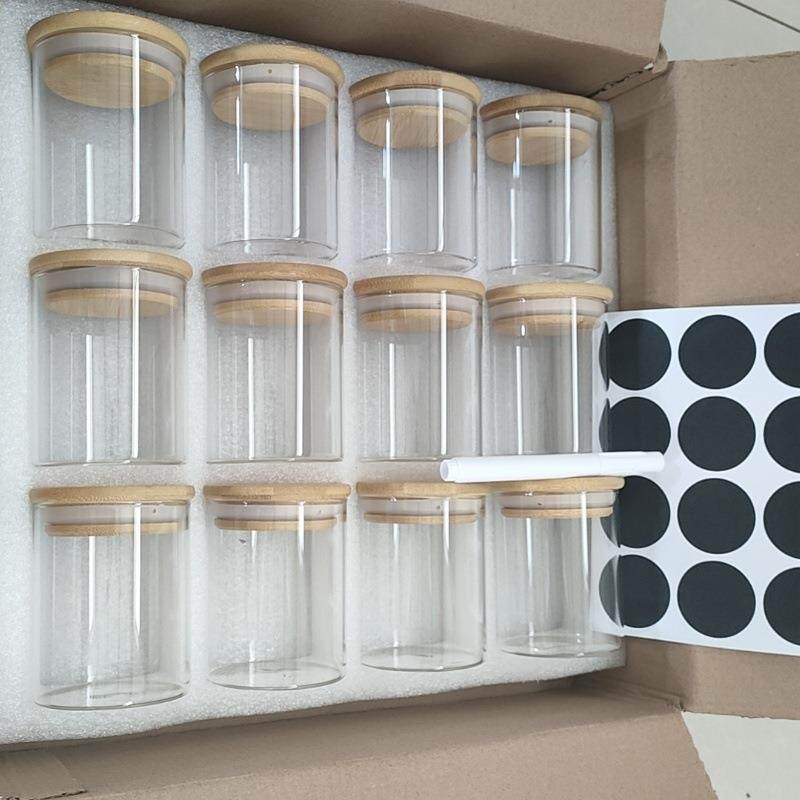 12件套玻璃竹盖玻璃罐珍珠棉套装佐料干果收纳盒高硼硅密封储物罐
