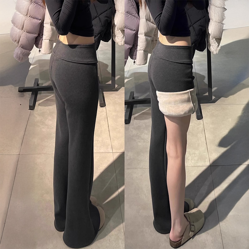 灰色加绒微喇叭裤女秋冬季