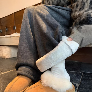 高腰直筒垂感小个子灰色阔腿裤 羊羔绒糯米裤 女秋冬加绒2025年新款