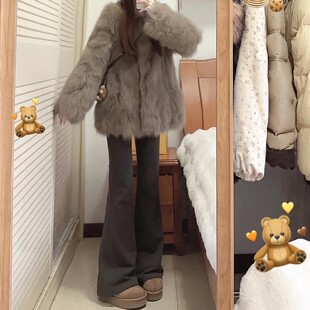 高腰显瘦休闲小个子加绒喇叭裤 卫裤 女秋冬2025新款 咖色微喇运动裤