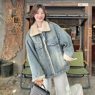 爆款加绒加厚牛仔羊羔毛外套女2025冬季新款皮毛一体短款派克棉服