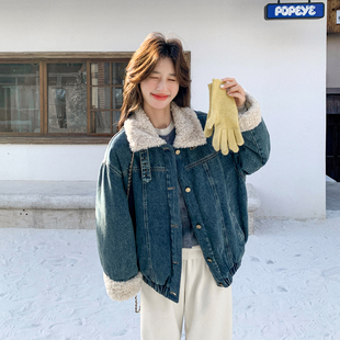 韩系羊羔毛翻领羽绒内胆牛仔外套女2025冬季新款小个子加绒派克服
