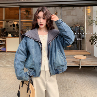 针织大翻领短款牛仔羽绒服女2025冬设计感保暖白鸭绒蓝色复古外套