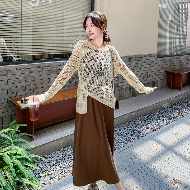 慵懒风镂空针织罩衫连衣裙两件套女2026新款高级感系带收腰套装