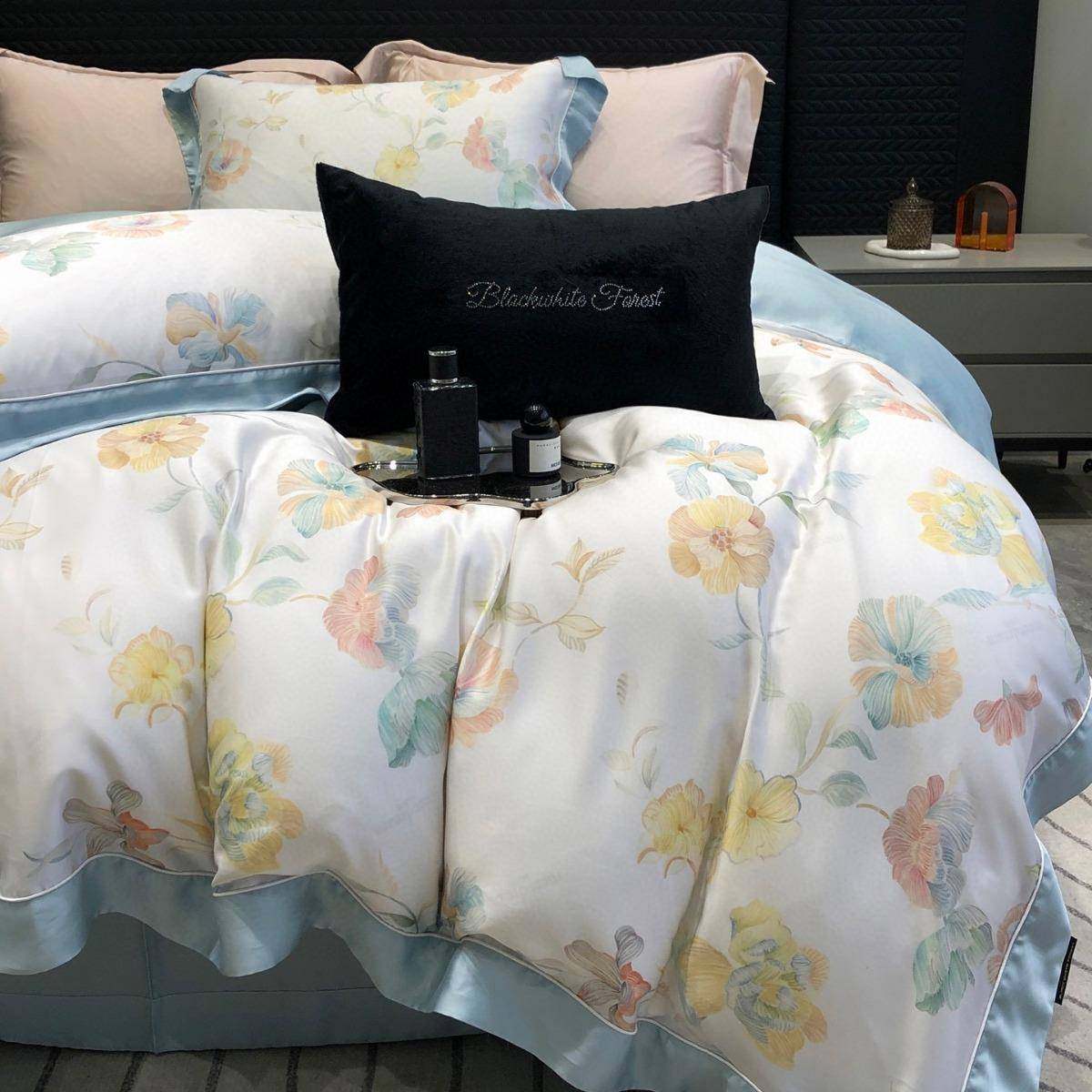 高端轻奢风夏季天丝四件套亲肤裸睡丝滑凉感田园印花床单被套床品