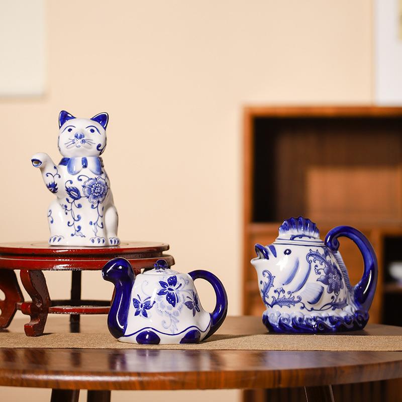 客厅茶室创意陶瓷壶青花瓷猫陶瓷凉水果汁壶中式装饰茶壶创意摆件