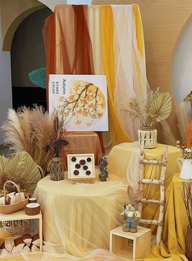 橙色美拉德系纱幔网纱布料幼儿园自然角秋季氛围感装饰晒秋收背景