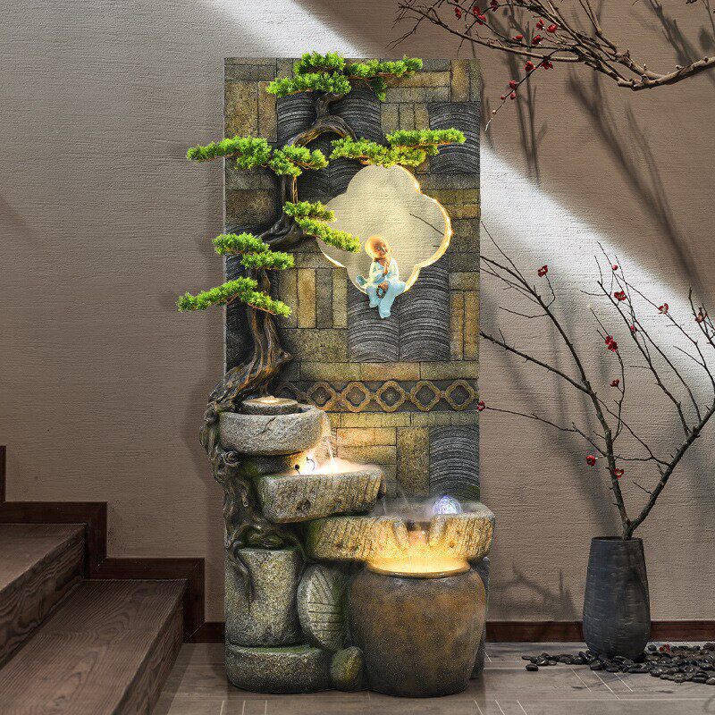 假山水幕墙流水生财循环水摆件喷泉水景迎客松客厅酒店加湿装饰品