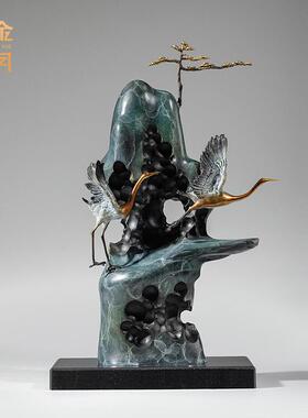 铜金岁月松山双鹤黄铜摆件客厅玄关铜器装饰品角几电视柜彩铜摆件