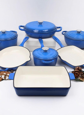 Multiple colors铸铁珐琅锅七件套装铸铁搪瓷家用多功能汤锅不粘