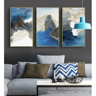 海阔天空抽象装饰画酒店软装画客厅餐厅背景挂画三联蓝白拼色壁画