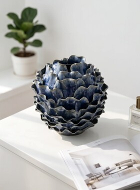 手工陶瓷莲花造型装饰品蓝色荷叶边纹理摆件工艺品