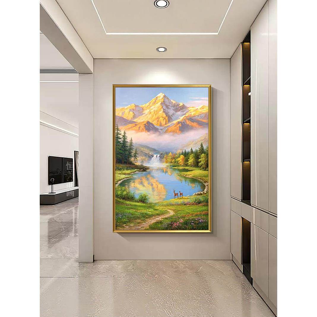 金山聚宝盆手绘油画入户玄关装饰画走廊过道挂画风景山水壁画挂画
