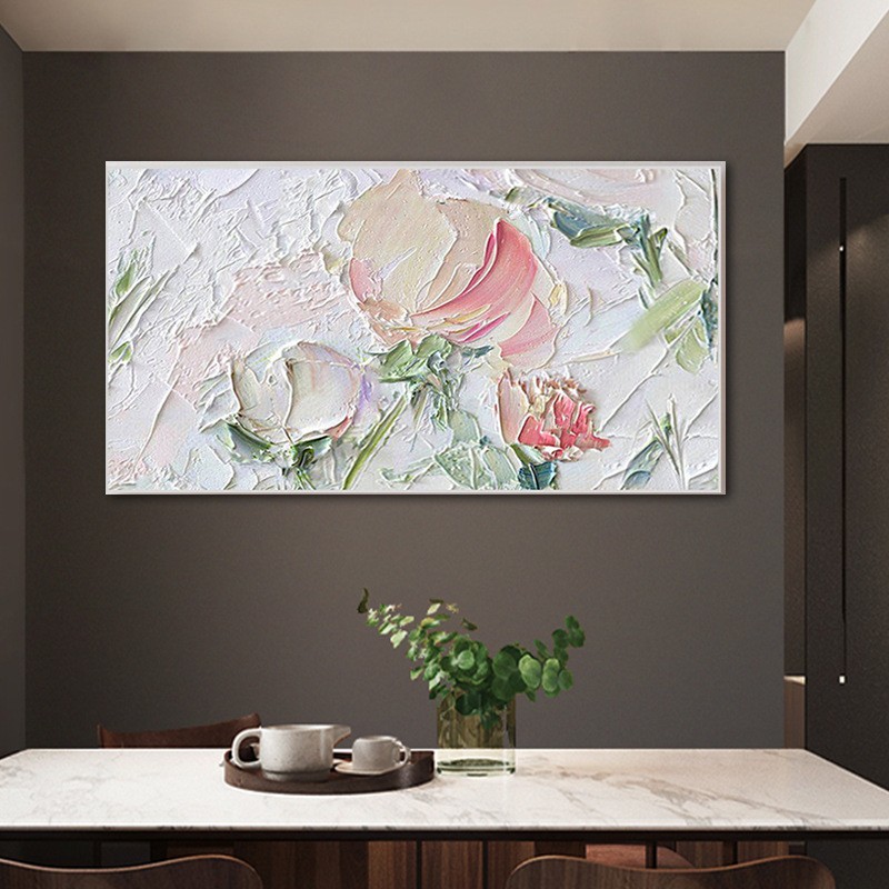 手绘油画牡丹花卉餐厅轻奢装饰画玄关竖版壁画客厅沙发背景墙挂画
