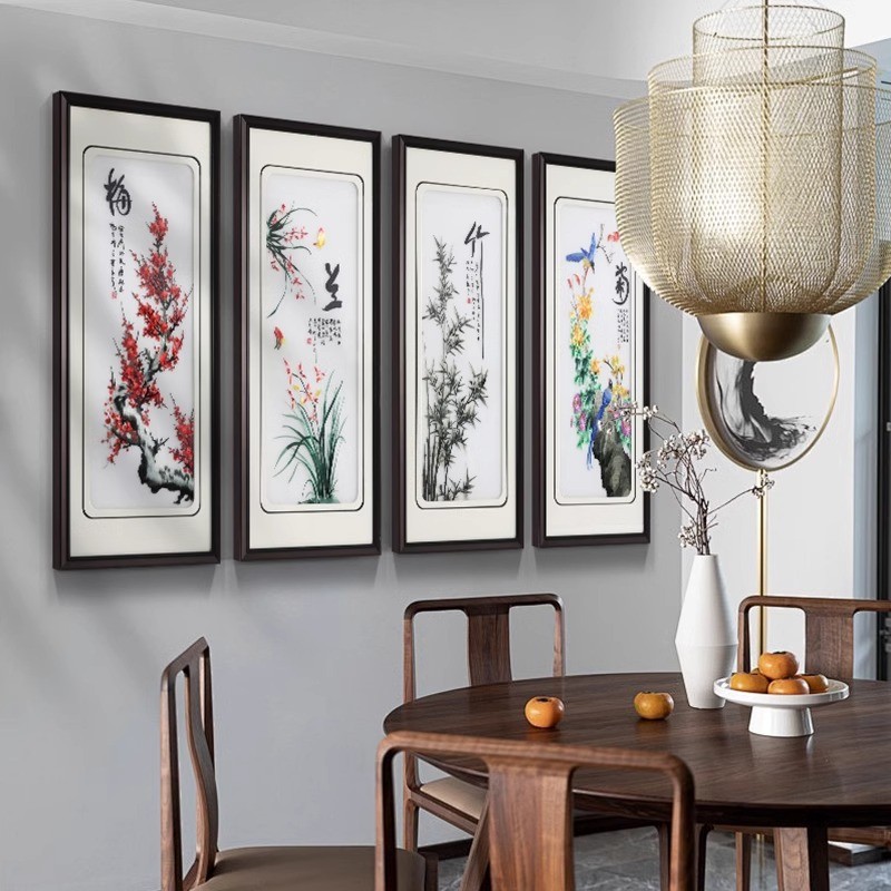 梅兰竹菊苏绣挂画中堂客厅沙发背景墙装饰画新中式茶室刺绣四联画