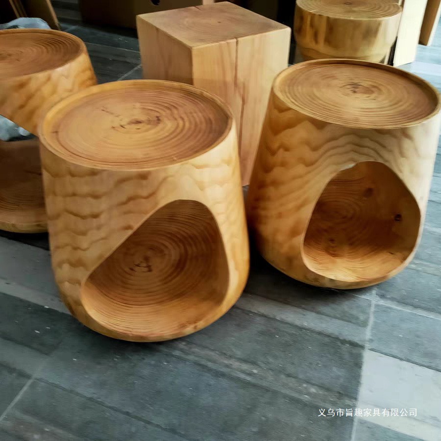 侘寂风边几摆件木桩墩子圆茶几原木桌腿底座凳子方形艺术民宿椅子