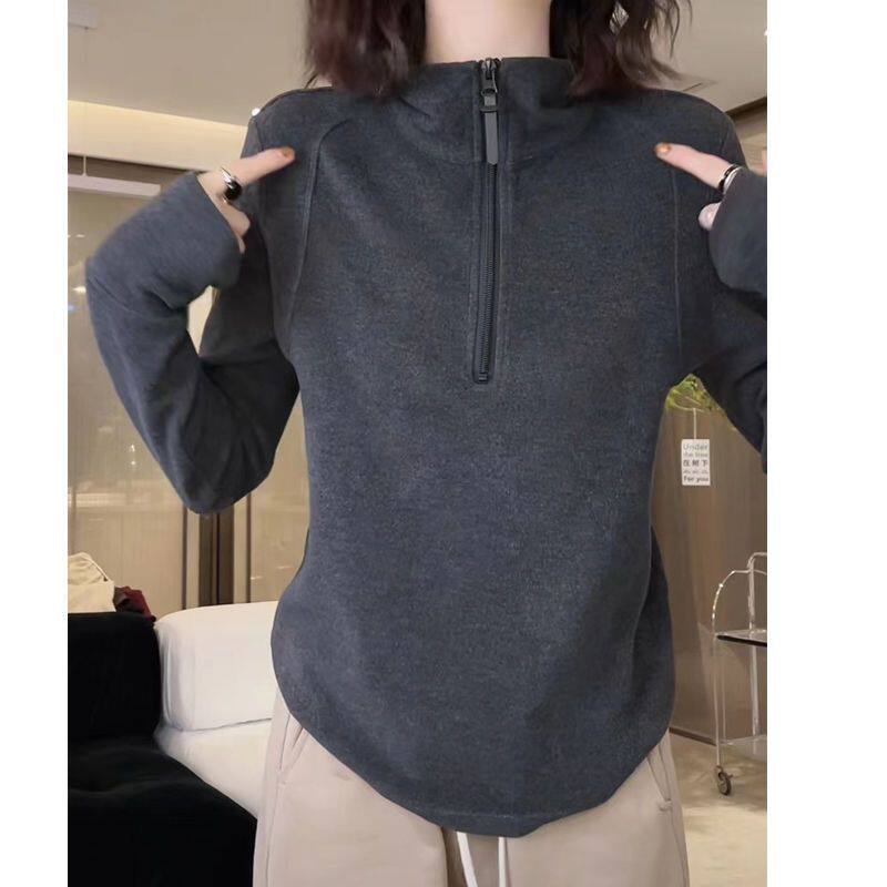 大码德绒立领拉链卫衣女2025秋冬新款宽松外穿百搭打底衫叠穿上衣