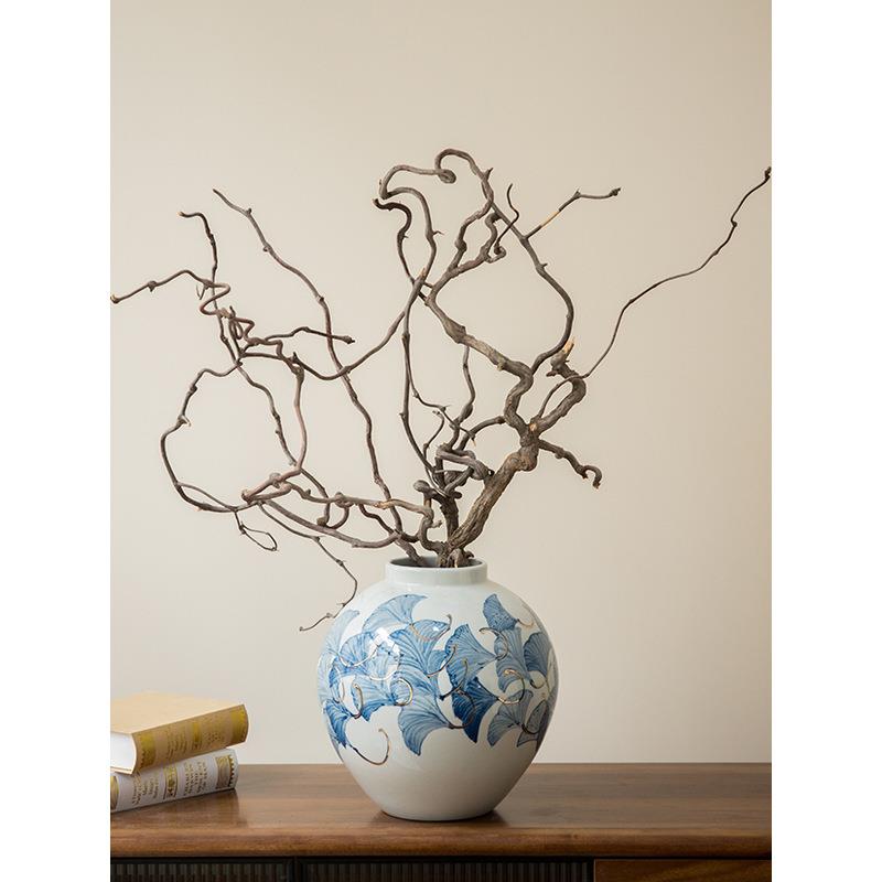 青花新中式花瓶复古插花描金摆件陶瓷鎏金手工银杏叶陶瓷瓶