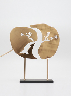 新中式金属迎客松扇子摆件样板房软装摆设博古架客厅玄关装饰品