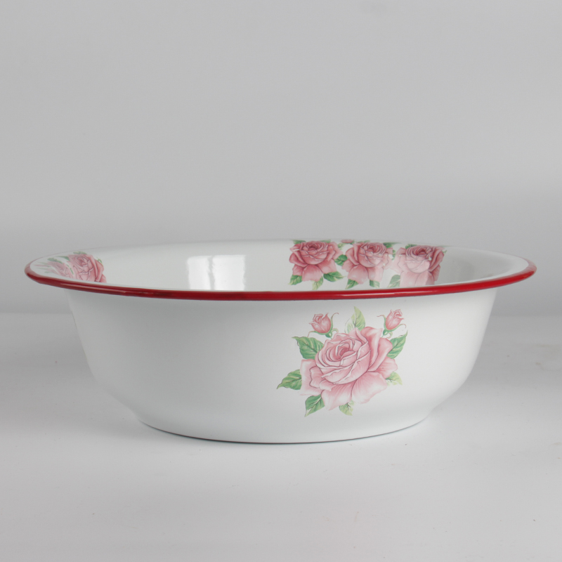 粉玫瑰红边半连理洗脸搪瓷盆宿舍用脸盘洗手N复古加厚落地印花单