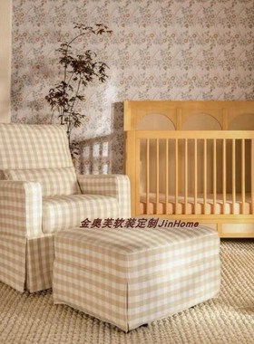 田园清新b蓝色条纹格子单人椅法式复古奶油风休闲洽谈沙发脚踏