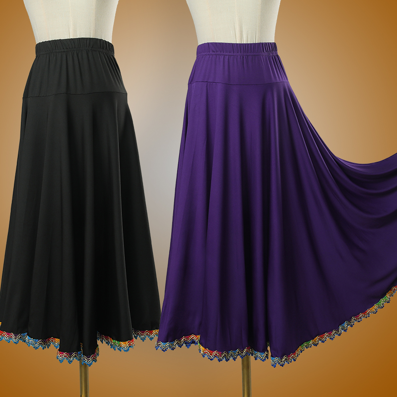 广场舞服装新款大摆裙跳舞裙交谊舞裙中长款金边牛奶丝半身裙裙子