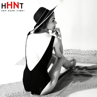 HHNT复古惊艳露背黑色性感连体泳衣修身显瘦气质保守气场泳装女