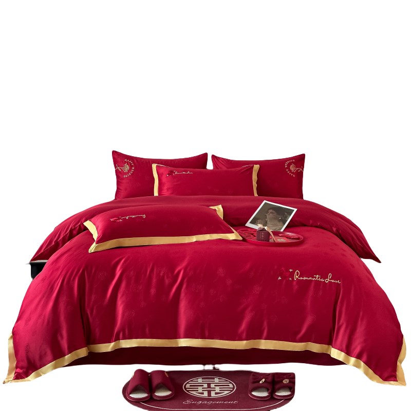 高档简约婚庆四件套大红色新婚被套纯棉结婚床上用品婚房陪嫁喜被
