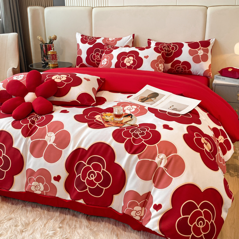 简约100支婚庆红色四件套印花结婚被套床单婚嫁新房喜被床上用品4