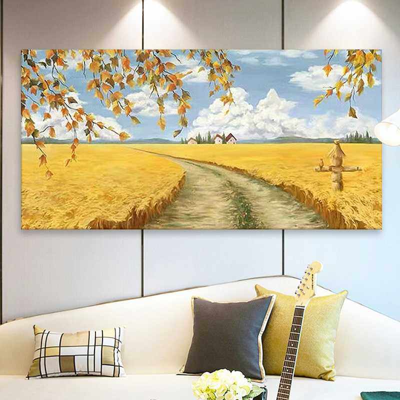 手绘油画田园丰收风景装饰画北欧客厅沙发背景墙横版无框餐厅挂画