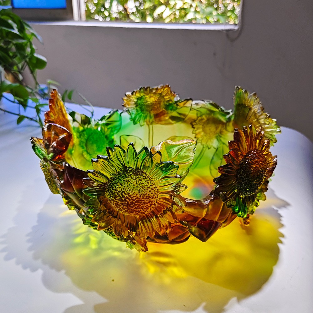 古法琉璃花瓶果盘家居装饰摆件客厅玄关琉璃向日葵花瓶果盘工艺品