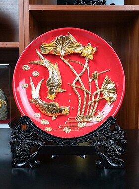 金箔漆线雕年年有余摆件纯手工客厅玄关酒柜电视柜办公室乔迁礼物