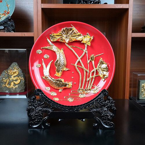 金箔漆线雕年年有余摆件纯手工客厅玄关酒柜电视柜办公室乔迁礼物