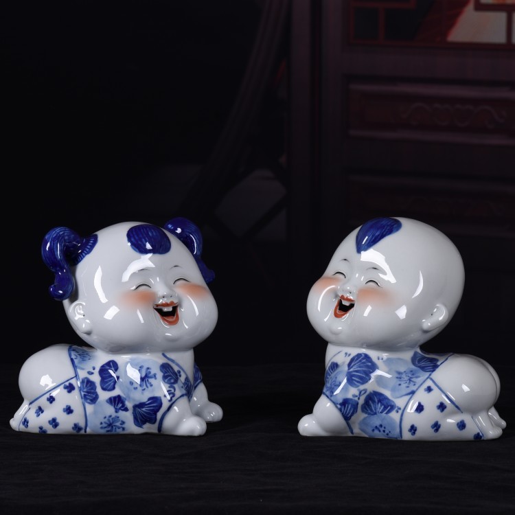 创意结婚礼物景德镇雕塑可爱陶瓷人物青花手绘瓷娃娃婚庆客厅摆件