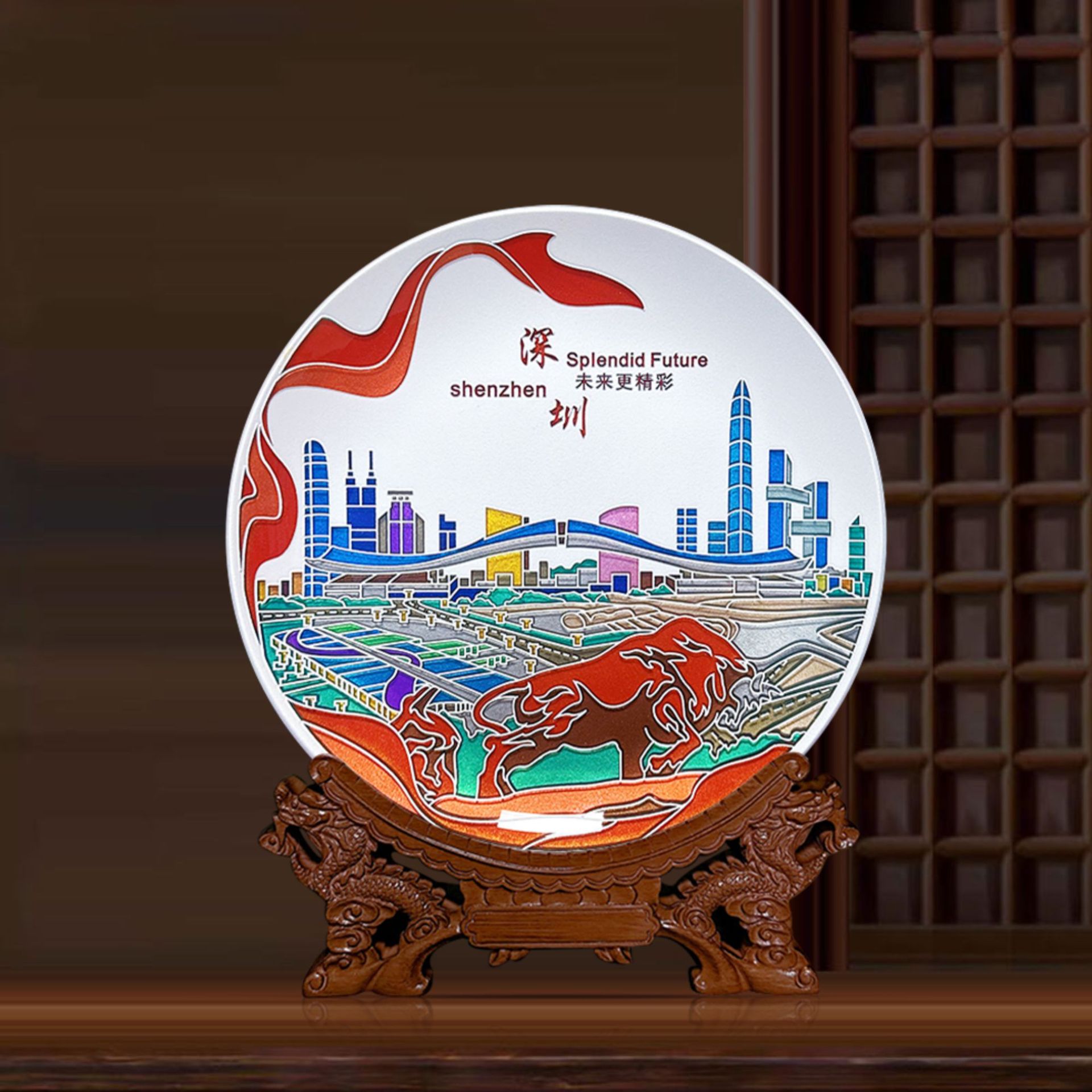 百福厂家直销深圳印象深圳城市风光特色景点纪念品晶化玻璃摆盘