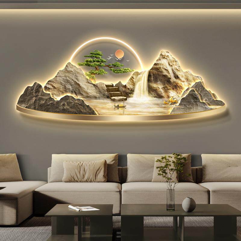 流水生财聚宝盆新中式客厅装饰画山水画沙发背景墙挂画大气壁画灯