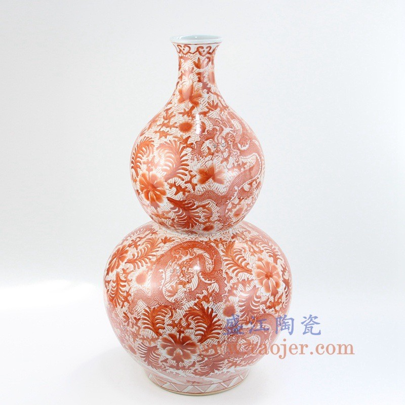 景德镇仿古手绘矾红龙纹荷塘鲤鱼陶瓷花瓶古玩古瓷器摆件