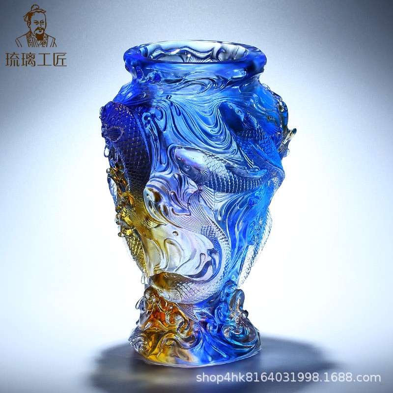 琉璃锦鲤鱼插花瓶摆件玻璃工艺品客厅乔迁礼物搬新家房子礼品大气