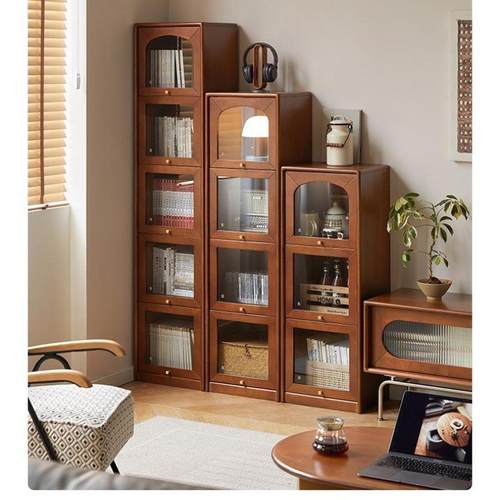 实木书柜带柜门夹缝收纳展示柜法式复古玻璃门翻门置物柜