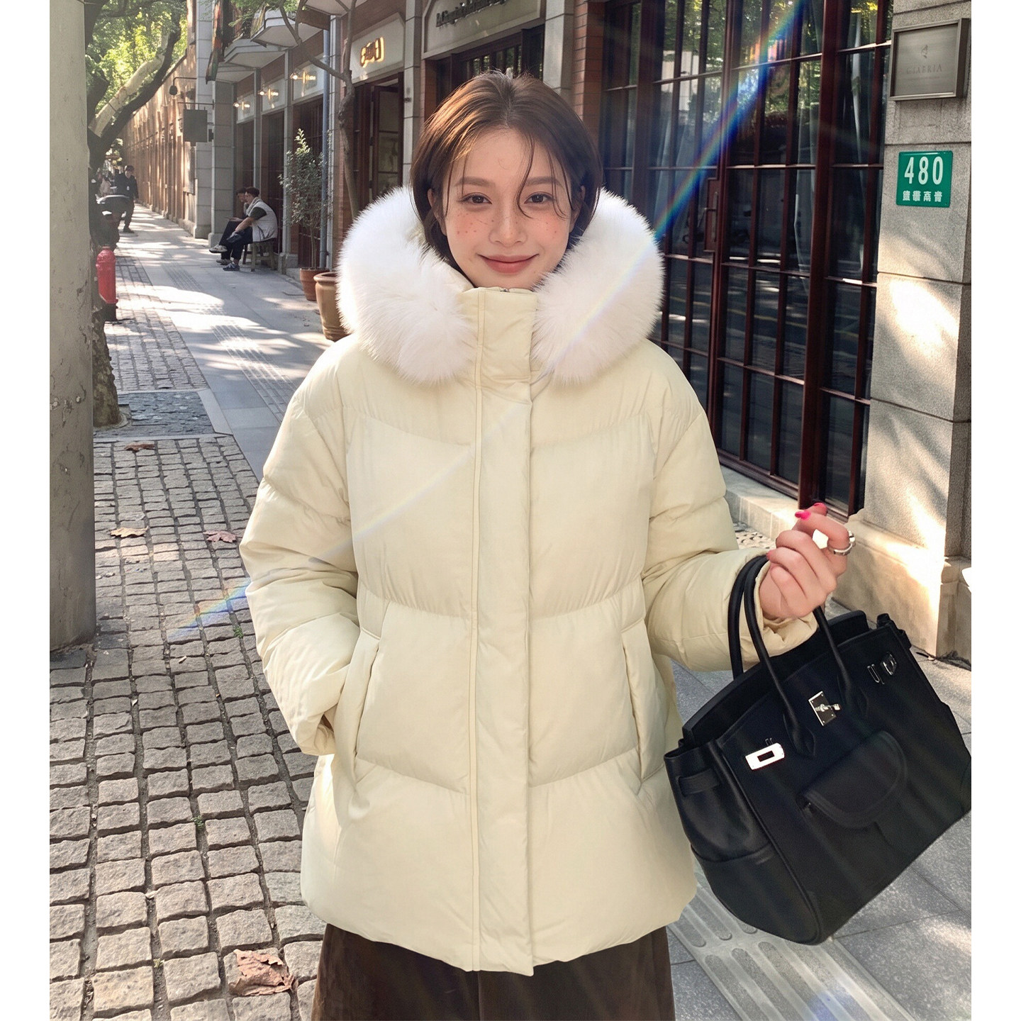 SIYU斯羽奶黄色保暖甜美羽绒服女