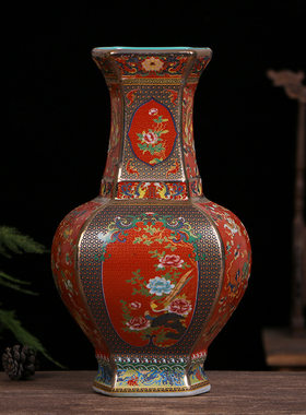 景德镇陶瓷珐琅彩花开富贵六方花瓶仿古中式瓷器装饰品摆件工艺品