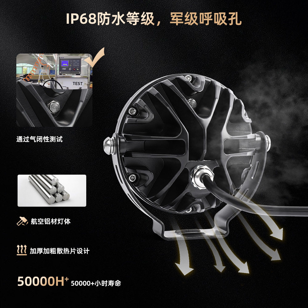 圆形黄白光摩托车改装工作灯带喇叭线阻 高功率LED射灯