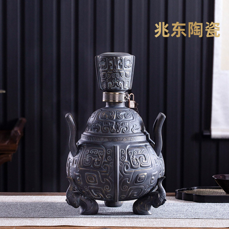景德镇陶瓷泡酒瓶 5斤装仿古青铜器陶瓷酒罐 2斤装单角羊樽空酒坛