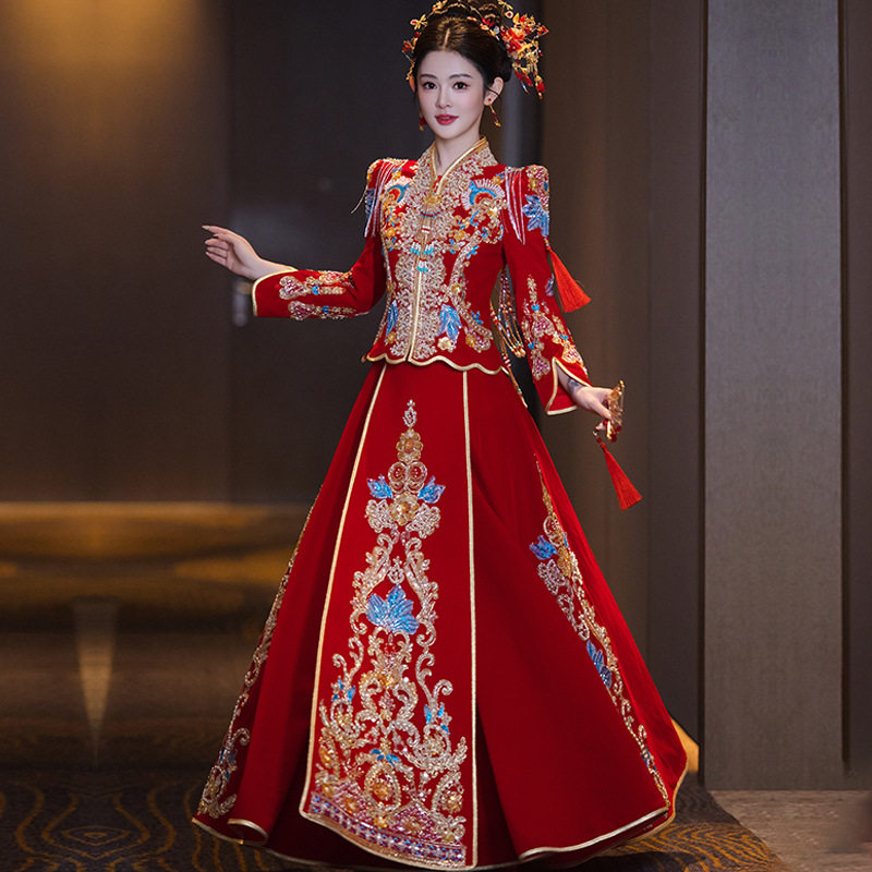 丝绒秀禾服新娘2026新款中式嫁衣结婚礼服奢华出阁新式丝绒秀禾服