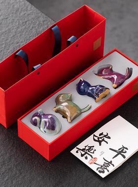 创意可爱猫咪摆件桌面茶宠陶瓷工艺品装饰品高级迷你手办钧瓷茶玩