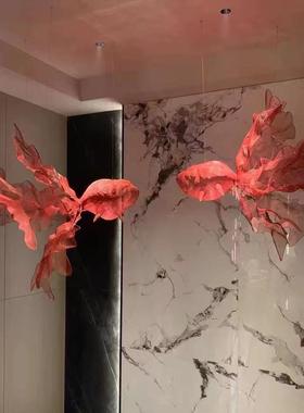 定制不锈钢铁艺金鱼吊饰餐厅大堂中庭空中金属网鱼形雕塑艺术挂件