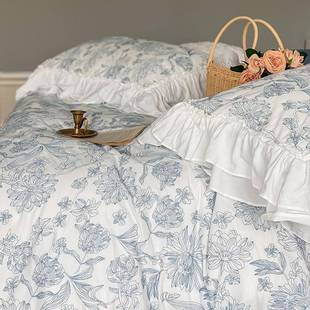 9WOR韩式 复古风全棉水洗棉床单四件套花卉刺绣纯棉被套小清新床上