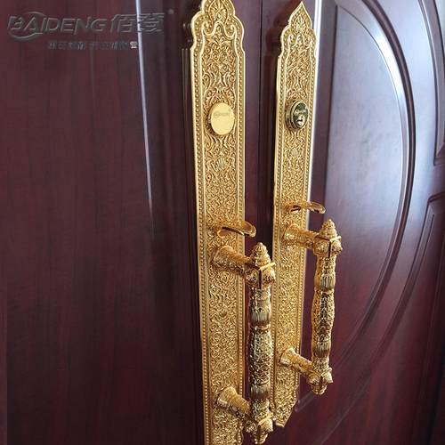 金色24K全铜别墅大门锁双开门大拉手锁入户大锁实木纯铜