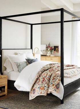9W美式做旧黑色法式复古全实木双人床新中式四柱床1.8米架子床婚