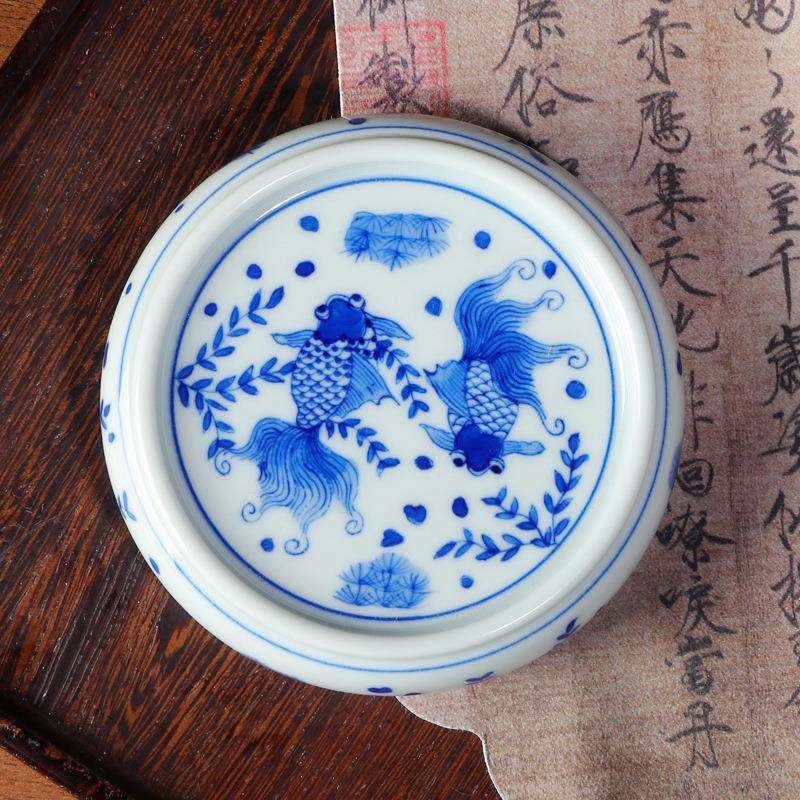 陶瓷青花盖置手绘茶玩纯手工摆件家用茶器壶承盖托茶道零配件